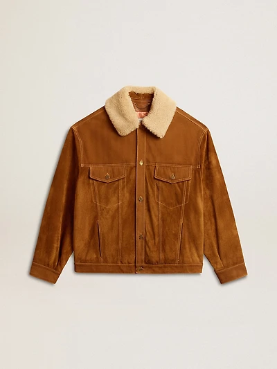 Men's jacket tobacco-colored split leather with a shearling collar