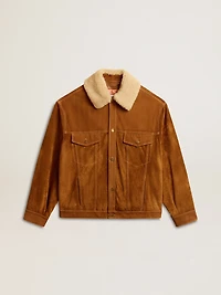Men's jacket tobacco-colored split leather with a shearling collar