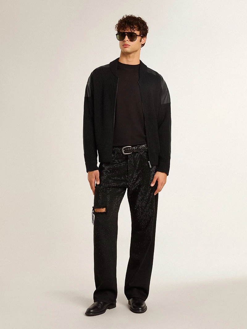 Men's black merino wool jacket with leather patches