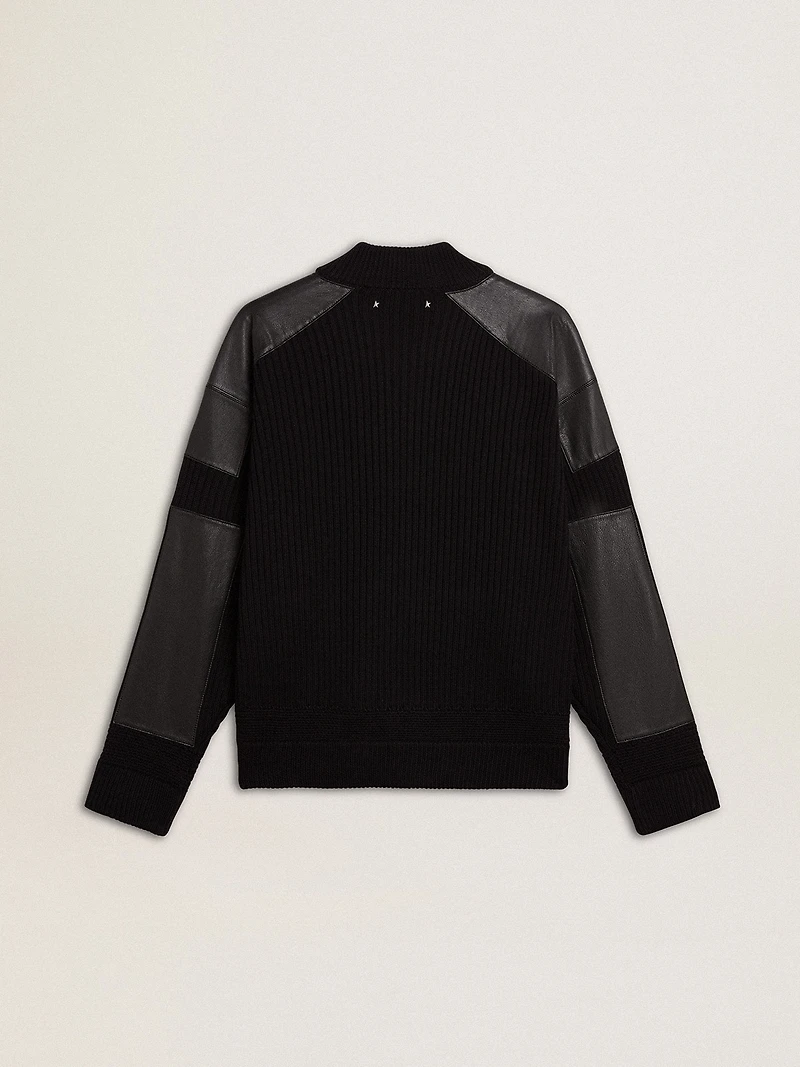 Men's black merino wool jacket with leather patches