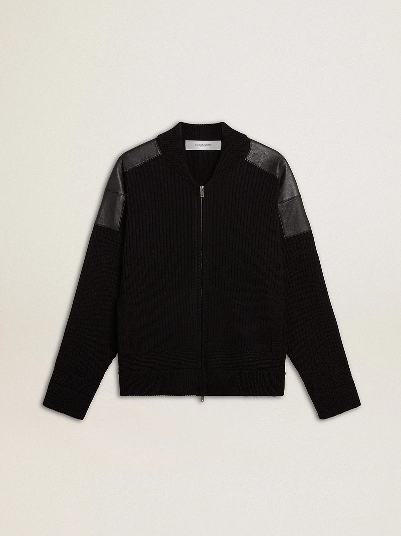 Men's black merino wool jacket with leather patches