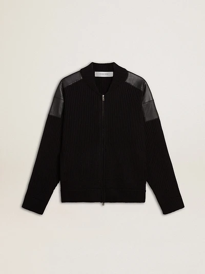 Men's black merino wool jacket with leather patches