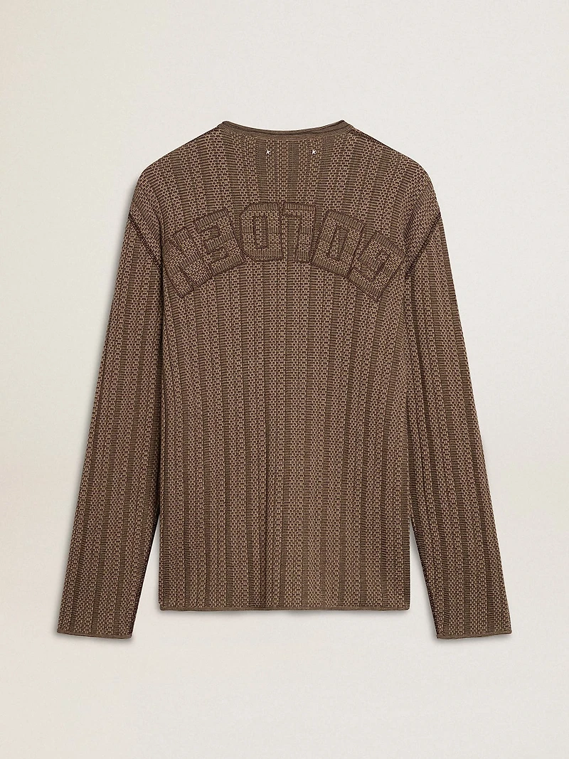 Men's travertine-colored sweater with 'Golden' patch lettering on the back