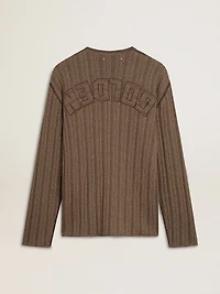 Men's travertine-colored sweater with 'Golden' patch lettering on the back