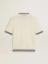 Men's worn-white knitted polo shirt with blue ribbing
