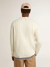 Men's white cotton cardigan with a cable pattern and blue ribbing