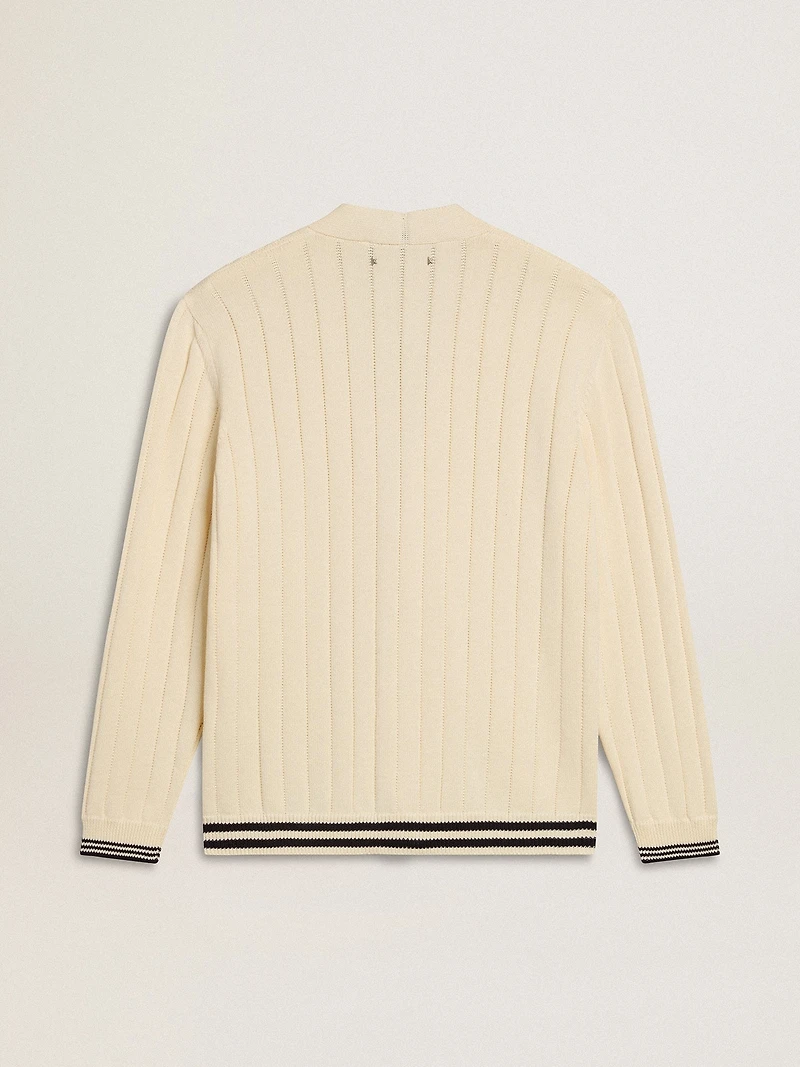 Men's white cotton cardigan with a cable pattern and blue ribbing