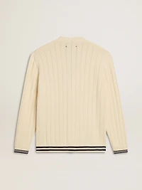 Men's white cotton cardigan with a cable pattern and blue ribbing