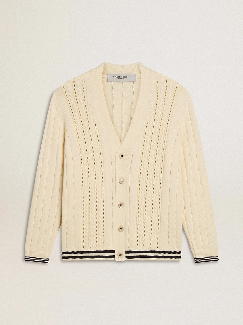 Men's white cotton cardigan with a cable pattern and blue ribbing