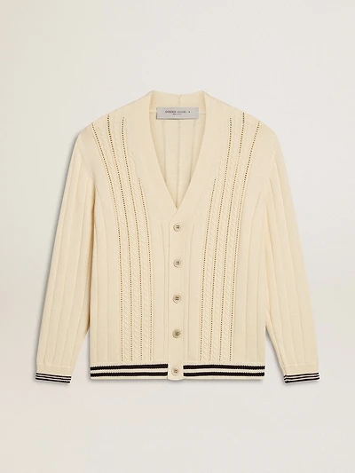 Men's white cotton cardigan with a cable pattern and blue ribbing