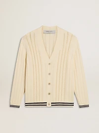 Men's white cotton cardigan with a cable pattern and blue ribbing