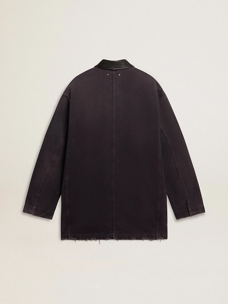 Men's denim jacket with distressed details and leather collar