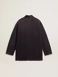 Men's denim jacket with distressed details and leather collar