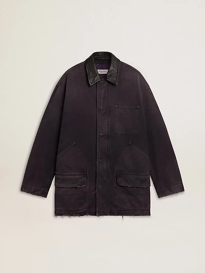 Men's denim jacket with distressed details and leather collar