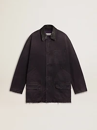 Men's denim jacket with distressed details and leather collar