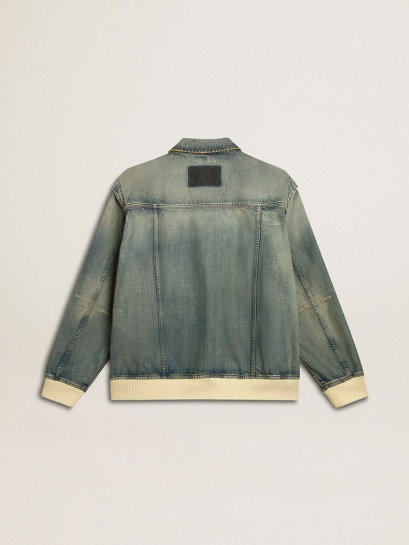 Men's washed denim jacket with wool blend ribbing