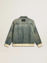 Men's washed denim jacket with wool blend ribbing
