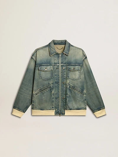 Men's washed denim jacket with wool blend ribbing