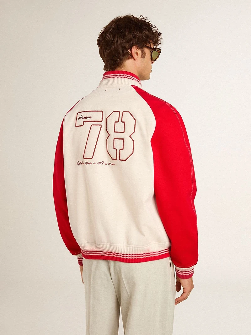 Bomber jacket worn white and red with embroidery