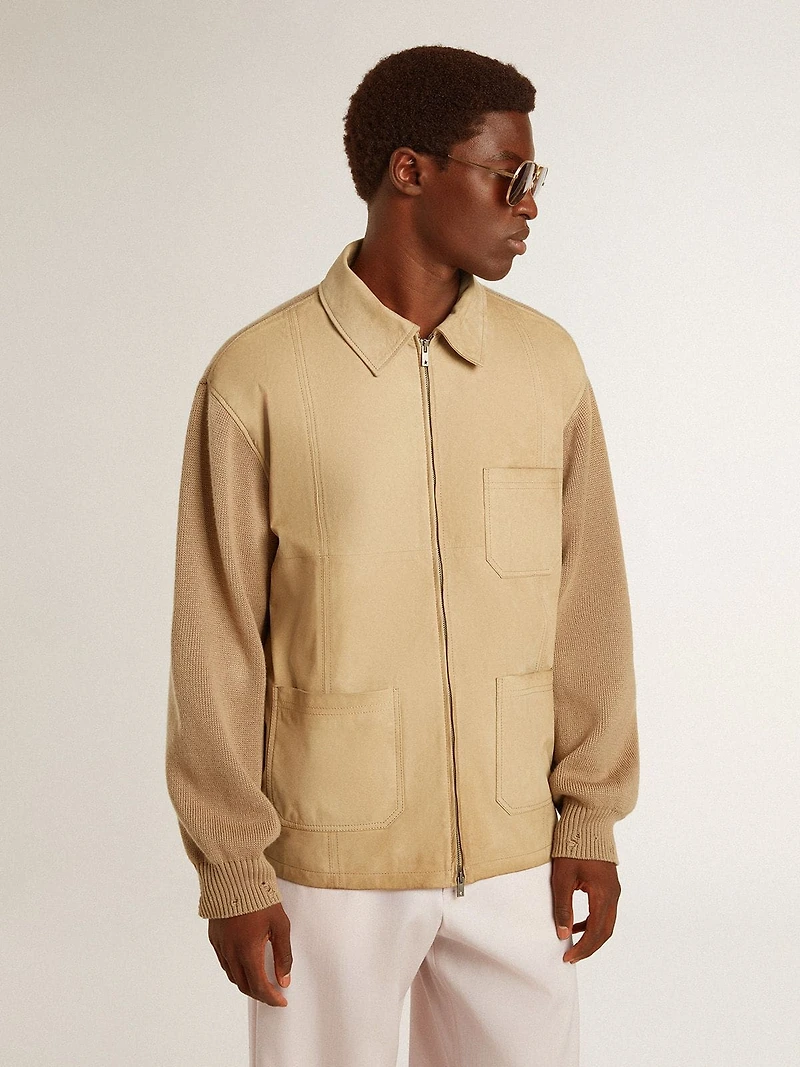 Men's jacket travertine-colored nubuck leather with wool-blend sleeves and back