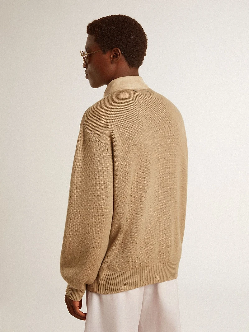 Men's jacket travertine-colored nubuck leather with wool-blend sleeves and back