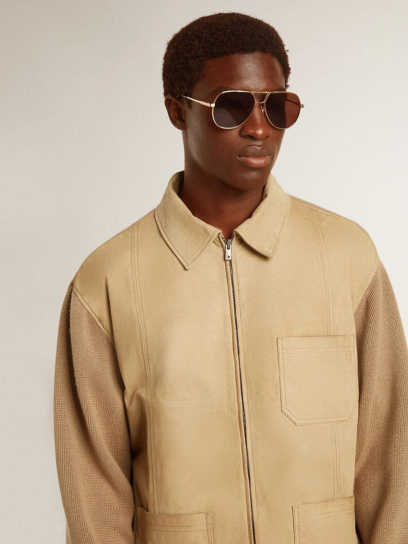 Men's jacket travertine-colored nubuck leather with wool-blend sleeves and back