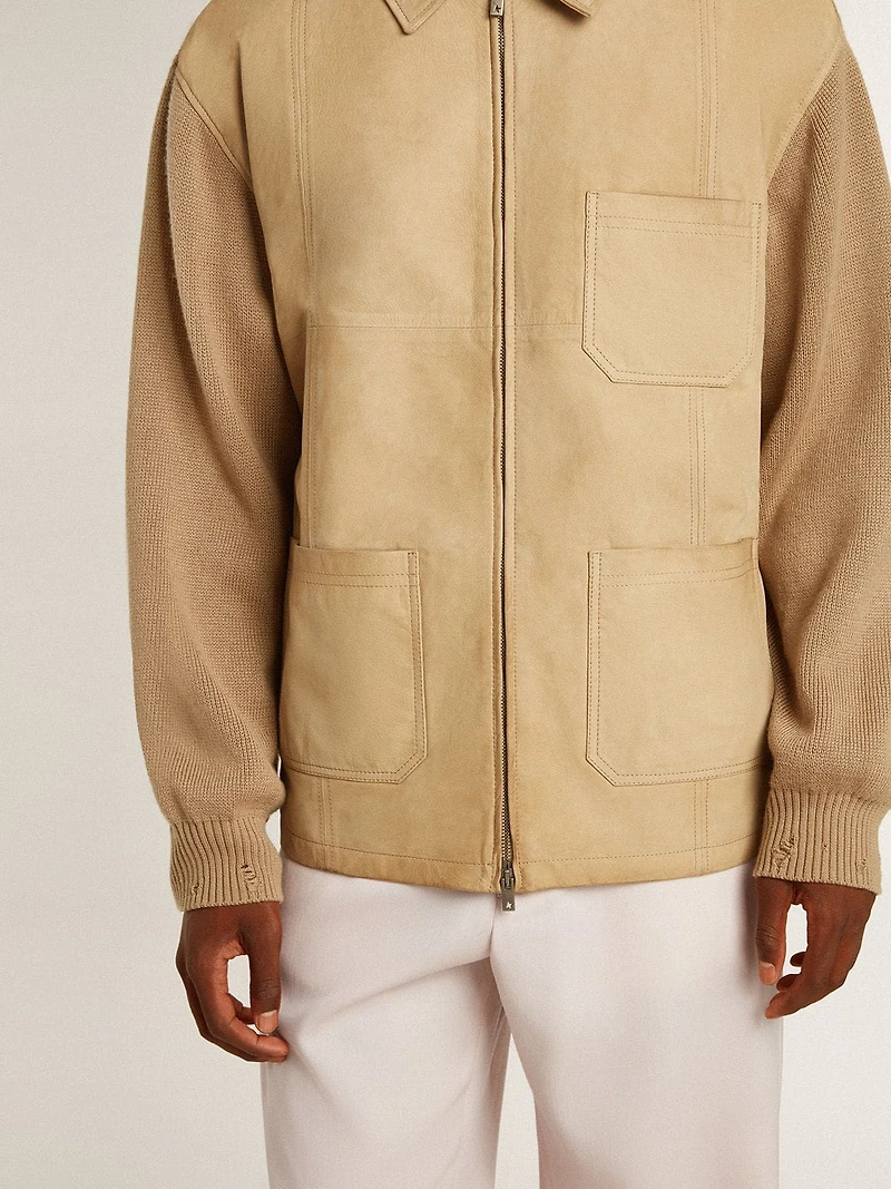 Men's jacket travertine-colored nubuck leather with wool-blend sleeves and back