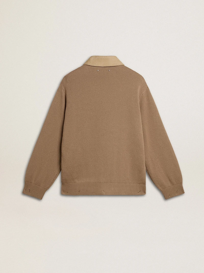 Men's jacket travertine-colored nubuck leather with wool-blend sleeves and back