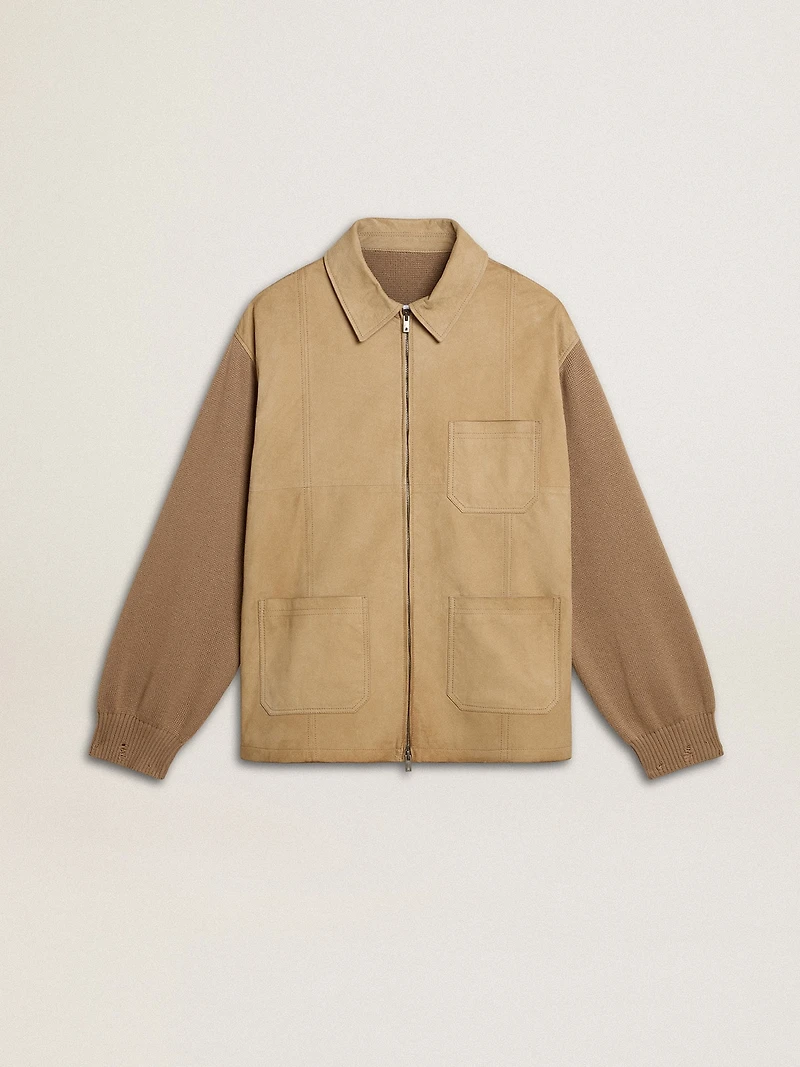 Men's jacket travertine-colored nubuck leather with wool-blend sleeves and back