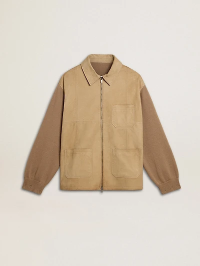 Men's jacket travertine-colored nubuck leather with wool-blend sleeves and back