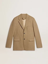 Men's single-breasted blazer a sand-colored chevron linen blend.