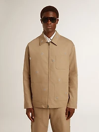 Men's beige jacket with floral embroidery and full zip