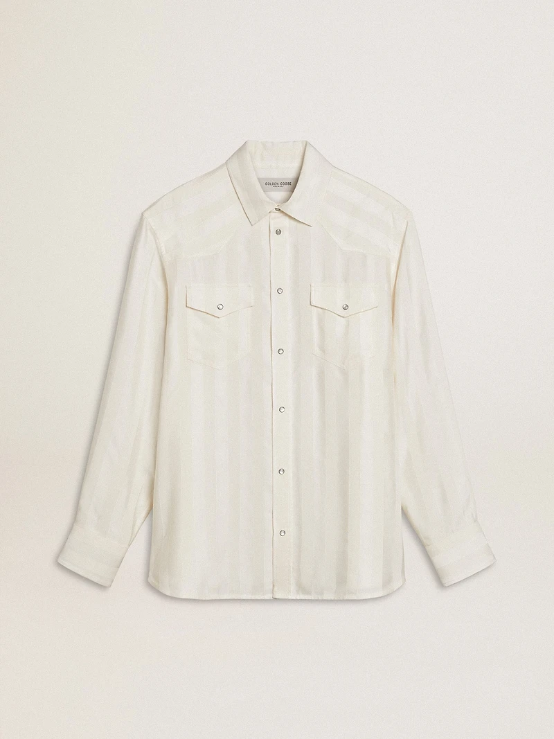 Men’s oversized worn-white shirt with vertical stripes