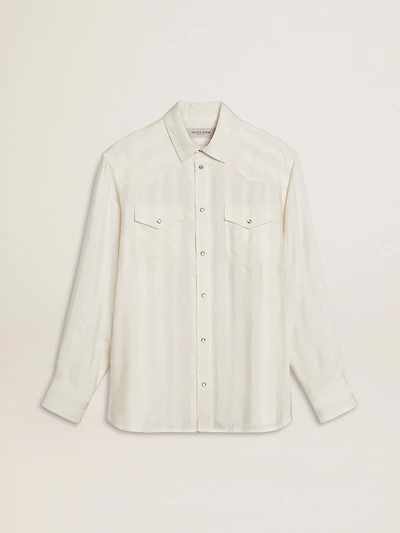 Men’s oversized worn-white shirt with vertical stripes
