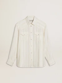 Men’s oversized worn-white shirt with vertical stripes