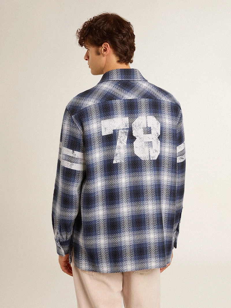 Men's blue 3D checkered shirt with print on the back