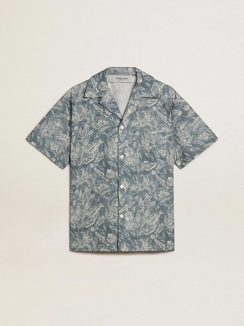 Men's short-sleeved pajama-style poplin shirt with a blue and white marine print