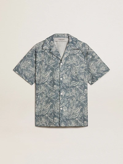Men's short-sleeved pajama-style poplin shirt with a blue and white marine print