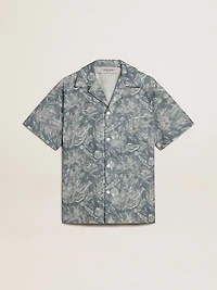 Men's short-sleeved pajama-style poplin shirt with a blue and white marine print