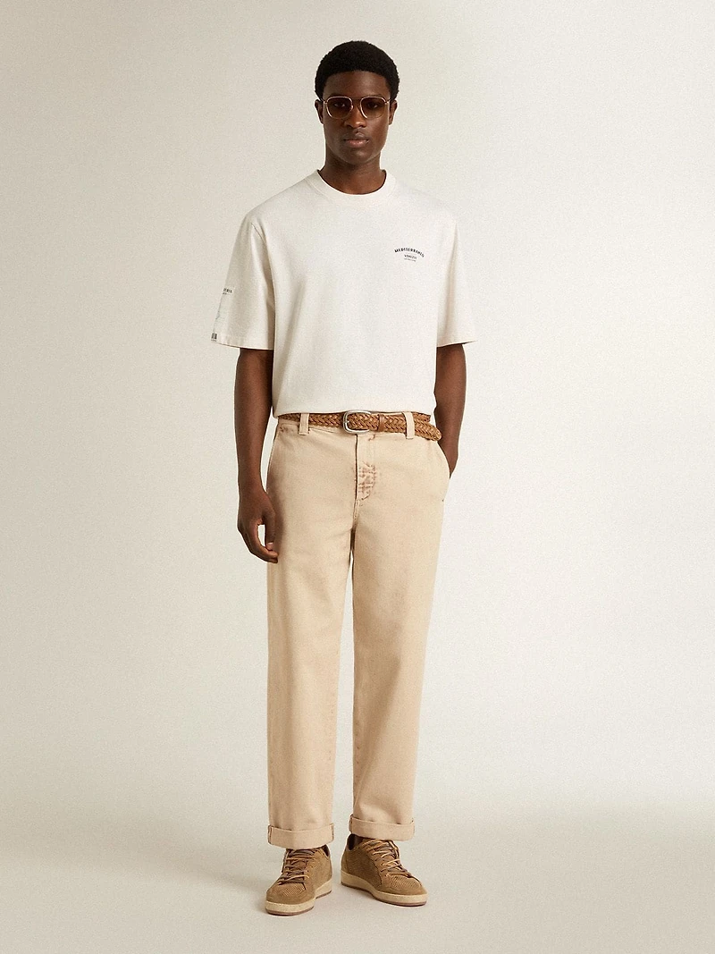 Men's beige chinos with a lived-in look finish