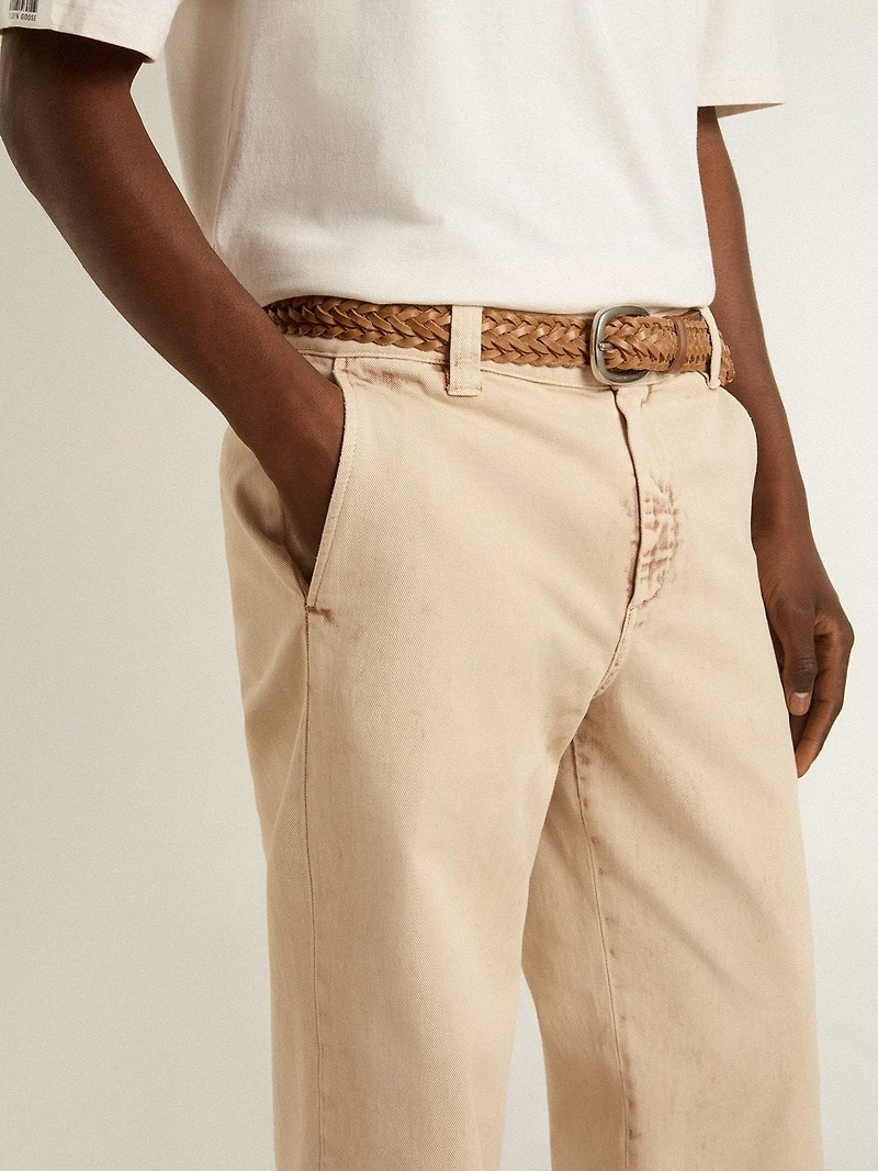 Men's beige chinos with a lived-in look finish