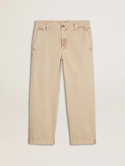 Men's beige chinos with a lived-in look finish