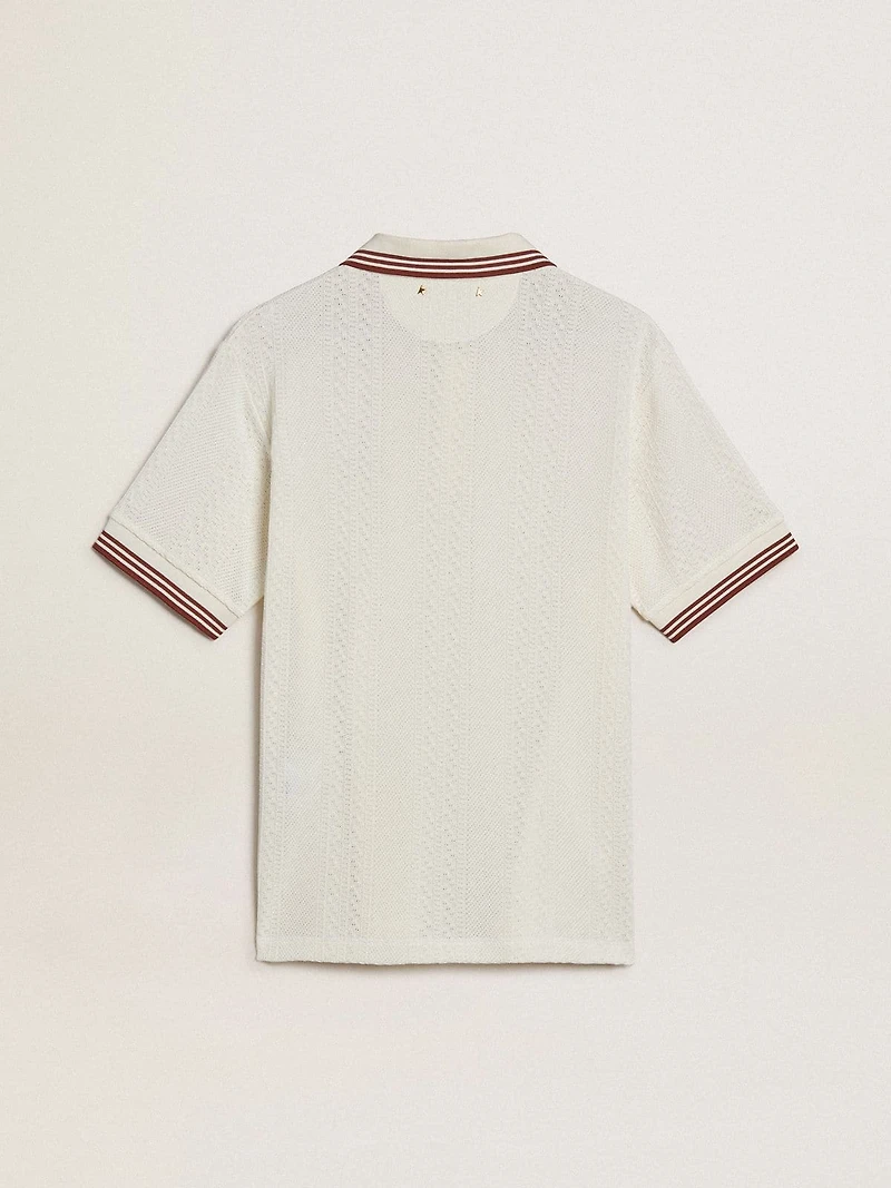 Men's polo shirt in white perforated knit with burgundy striped details