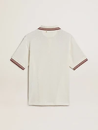 Men's polo shirt in white perforated knit with burgundy striped details