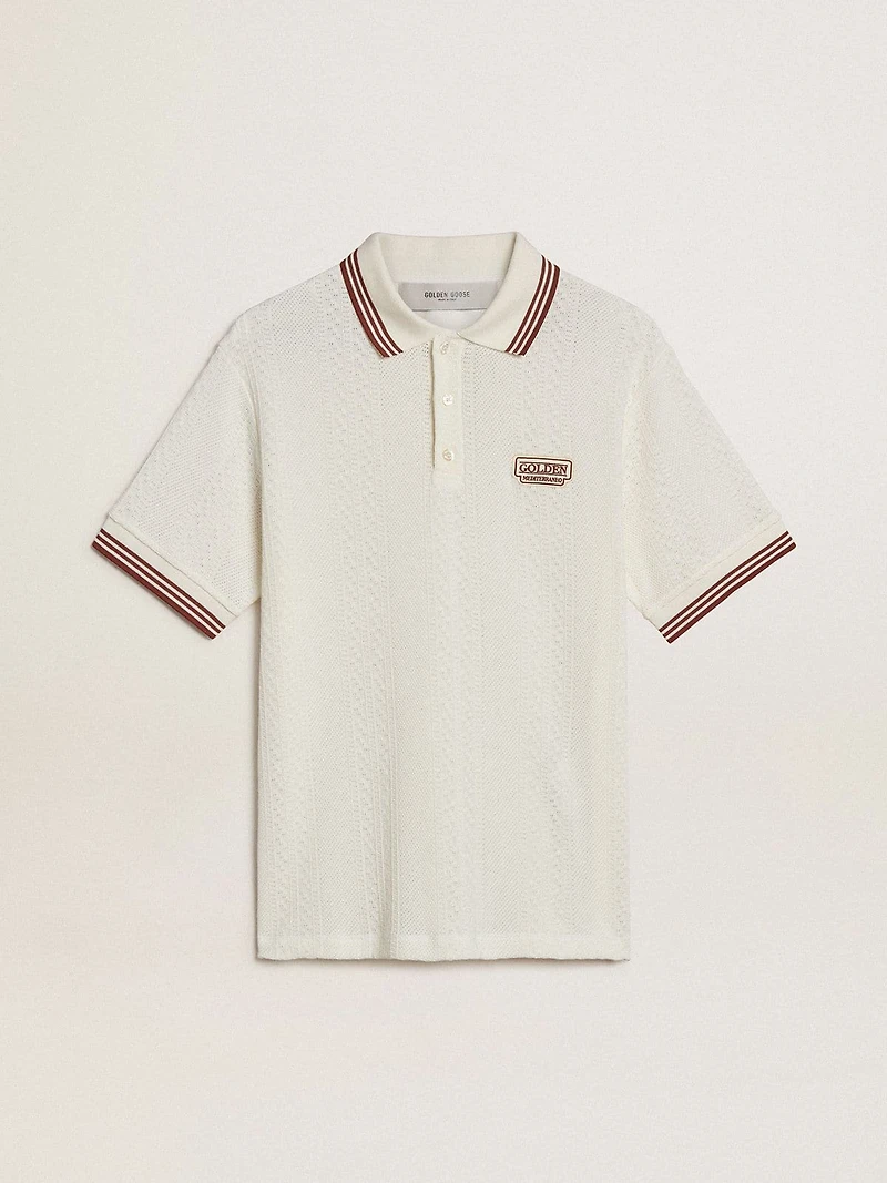 Men's polo shirt in white perforated knit with burgundy striped details