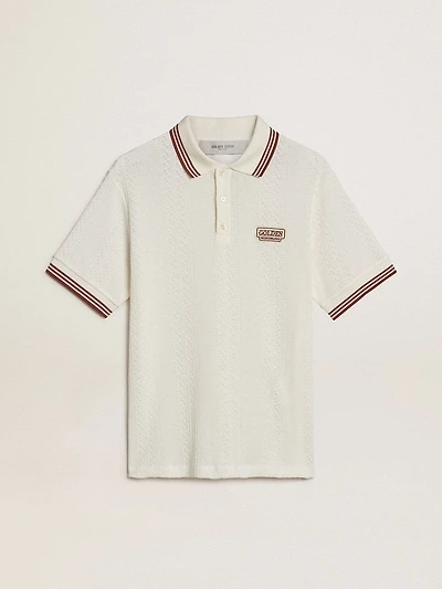 Men's polo shirt white perforated knit with burgundy striped details