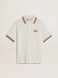 Men's polo shirt in white perforated knit with burgundy striped details