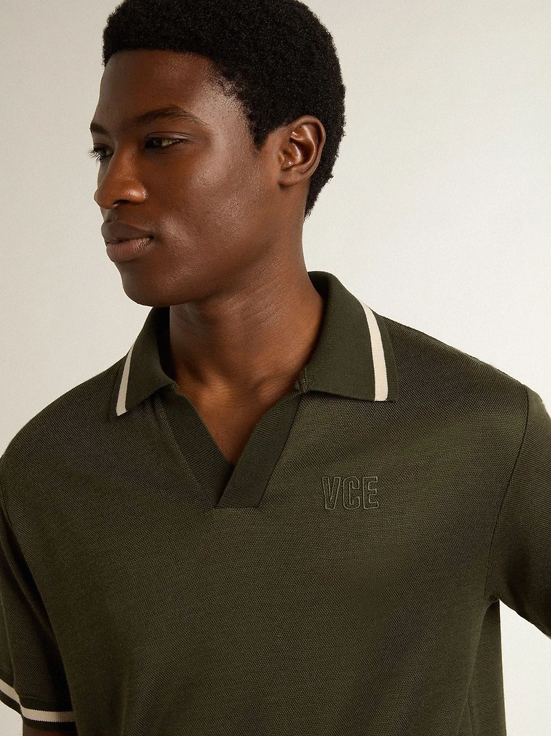 Men's military-green jersey polo with embroidery