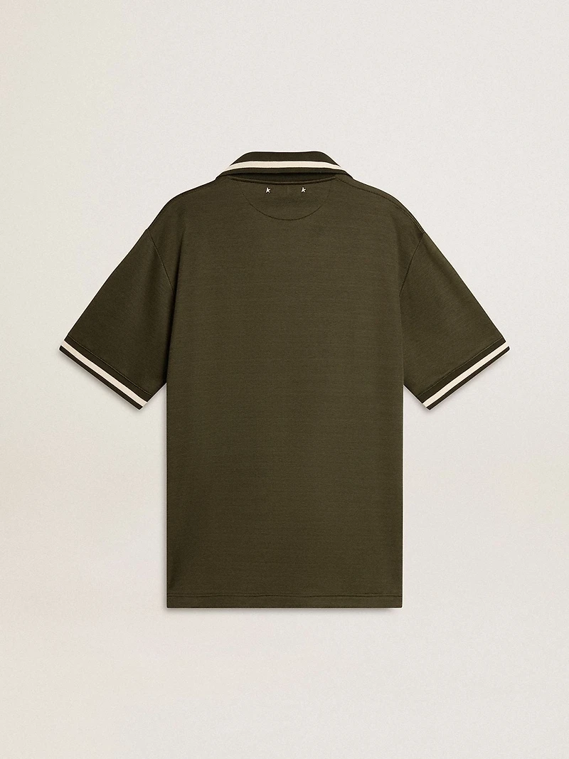 Men's military-green jersey polo with embroidery
