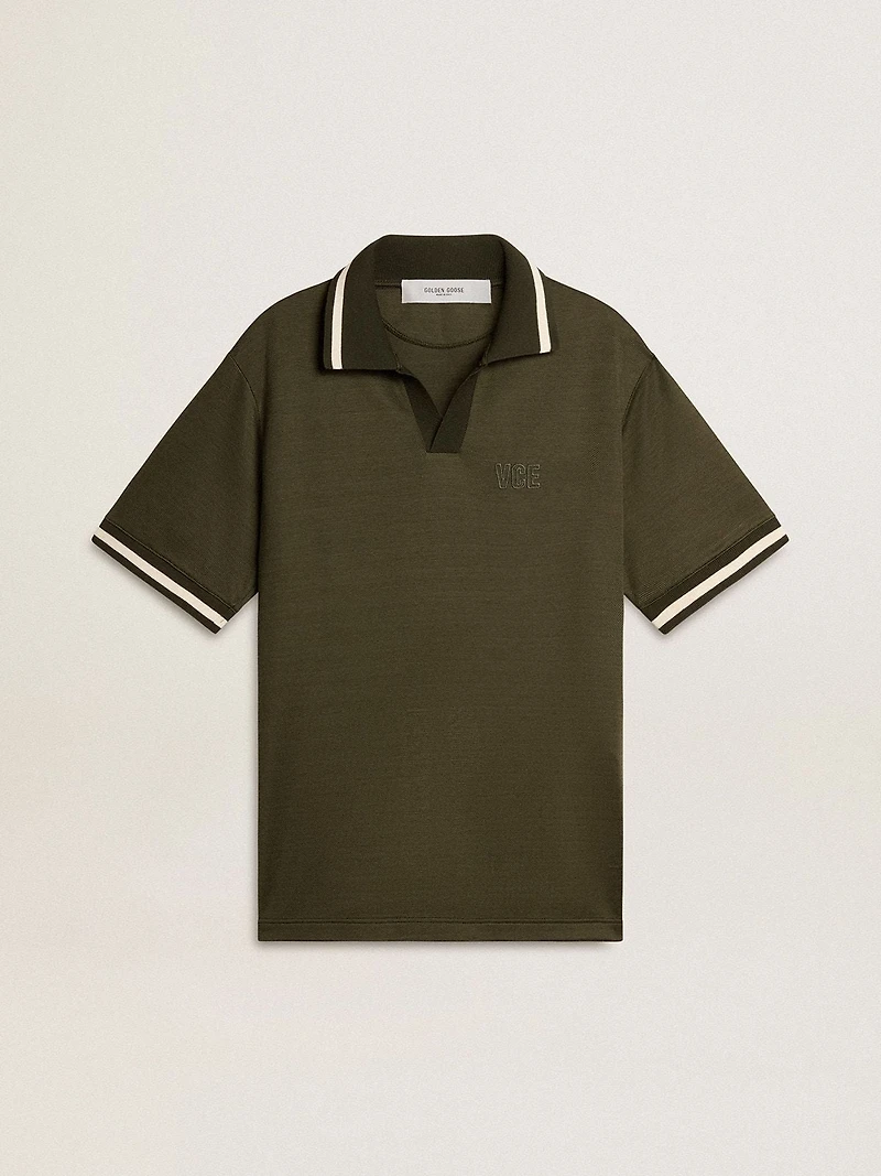 Men's military-green jersey polo with embroidery